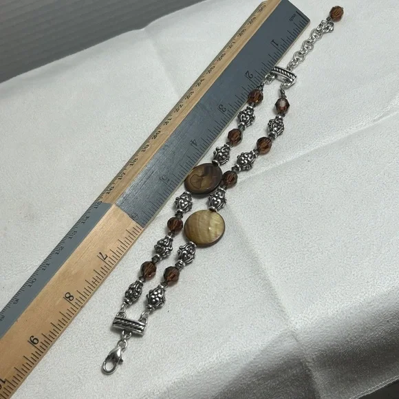 Brighton Utopia Bracelet Silver Plated & Brown Beaded Double Strand Chain 8.5" - Picture 4 of 7